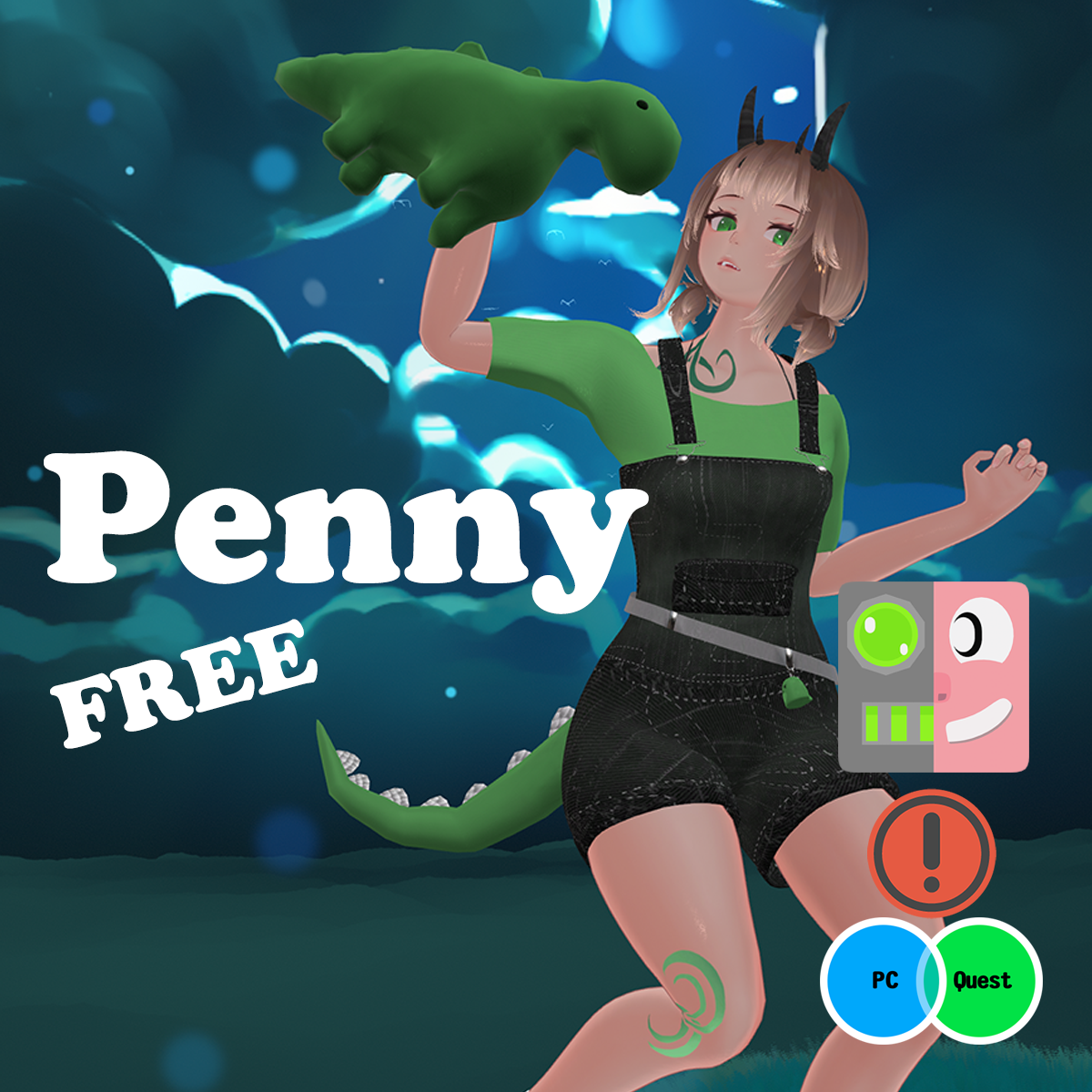 Penny the Goofy Dino 🦕 (FREE), (Female / Femboy, PC, QUEST, Gogo Loco, VRCFT / Face Tracking)