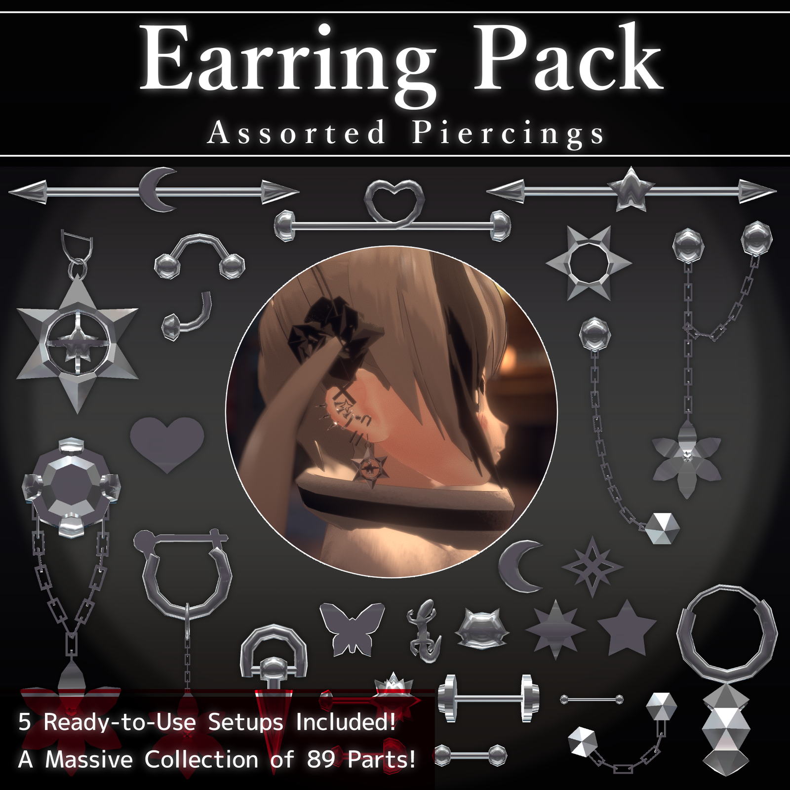 89-Part Earring Pack V1.1 | VRChat Accessory Bundle [MA Ready]