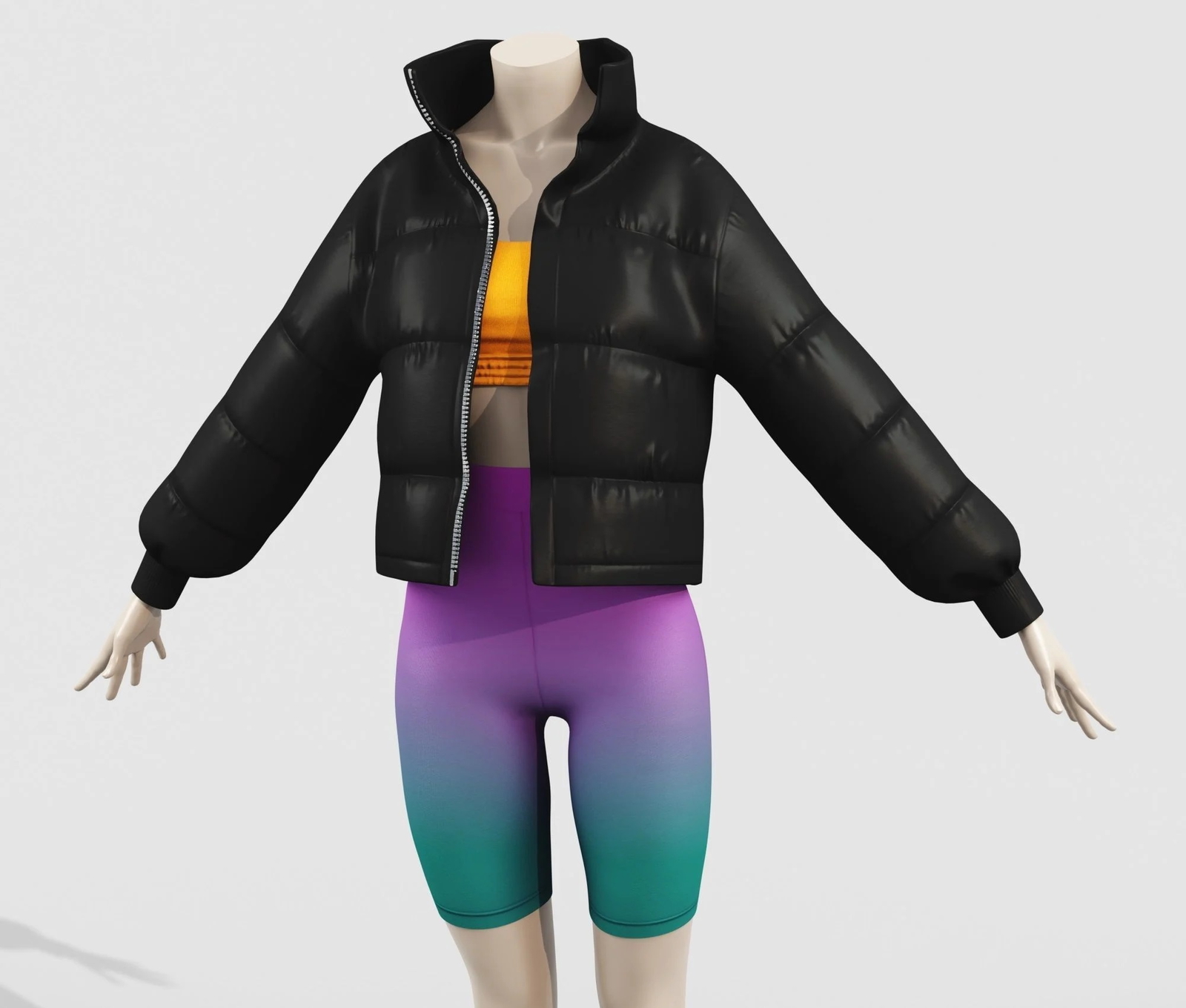 Outfit Puffer Jacket Black and Top with Bike Shorts