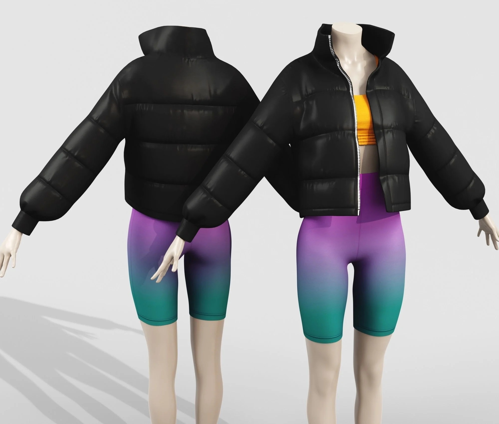 Outfit Puffer Jacket Black and Top with Bike Shorts