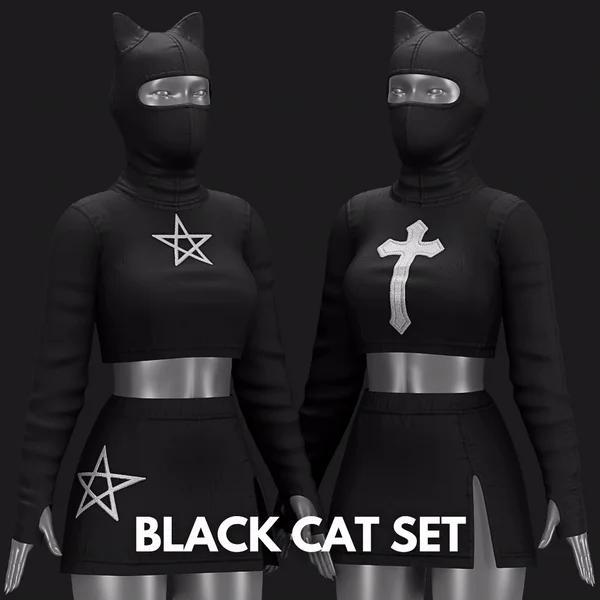 Black Cat Set VRChat - Pentagram-Cross | Beanie-Blouse-Skirt | WOLVES STUDIO