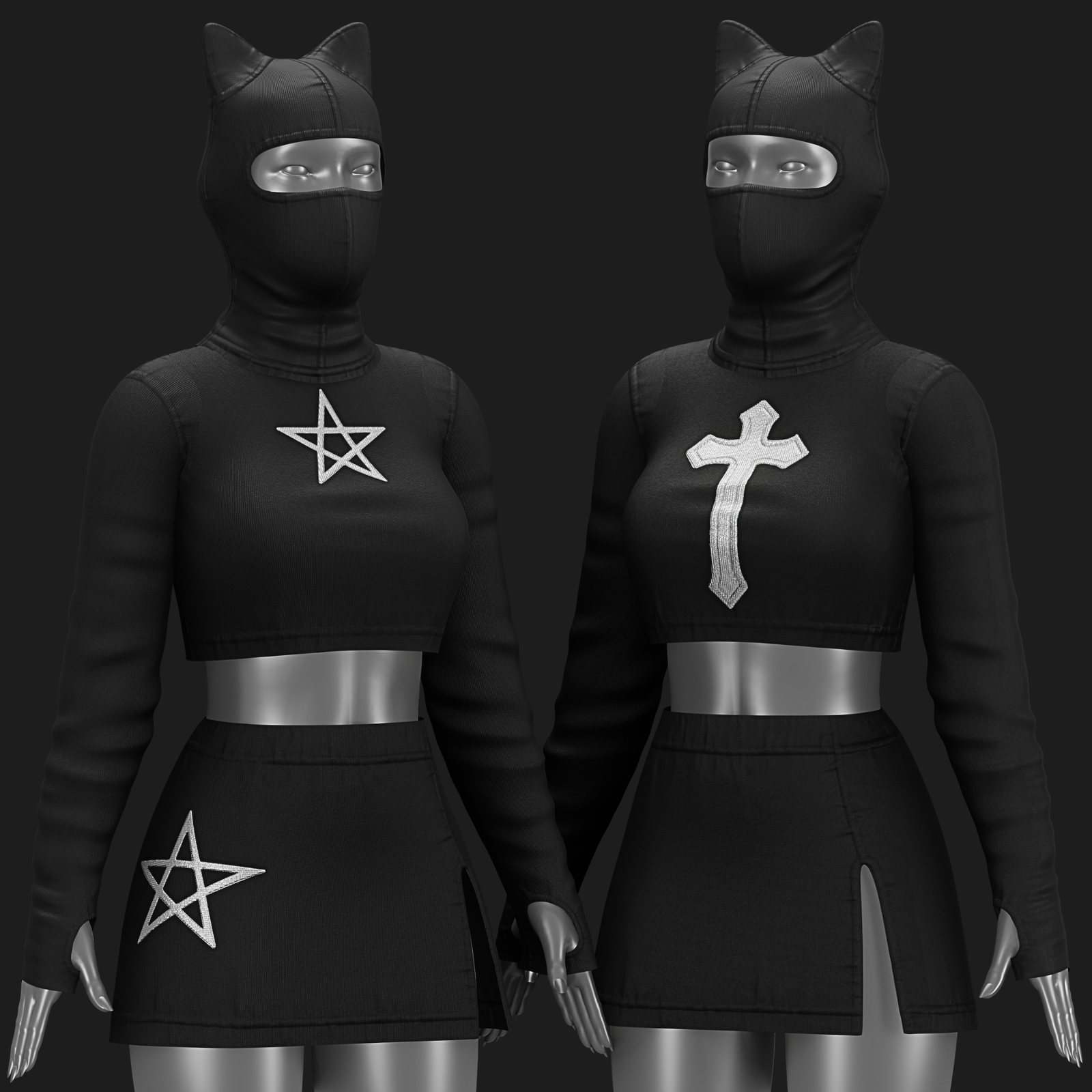 Black Cat Set VRChat - Pentagram-Cross | Beanie-Blouse-Skirt | WOLVES STUDIO