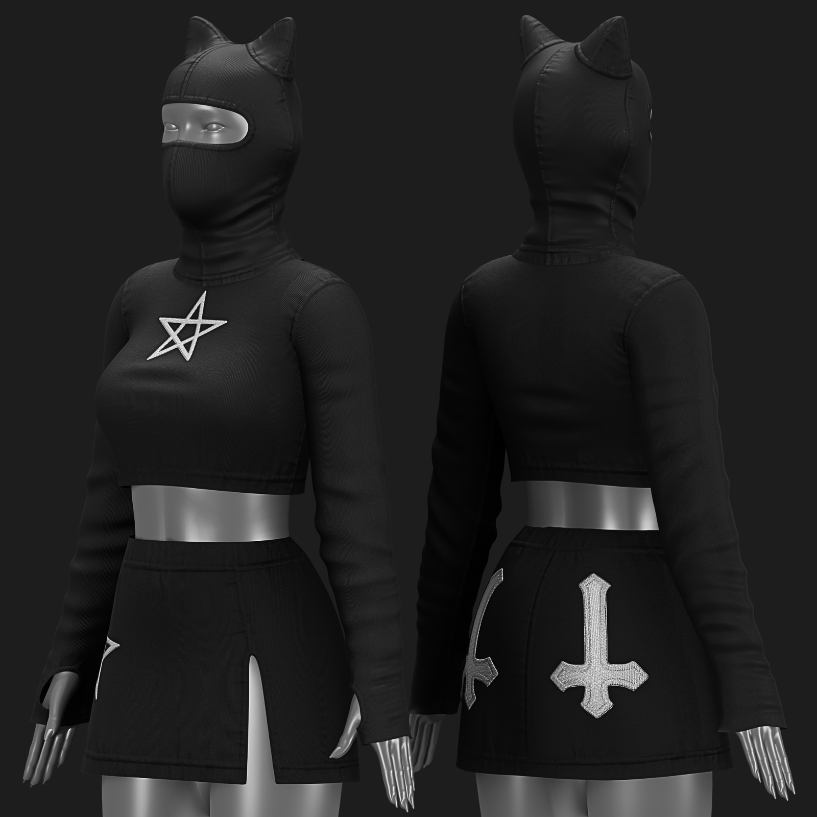 Black Cat Set VRChat - Pentagram-Cross | Beanie-Blouse-Skirt | WOLVES STUDIO