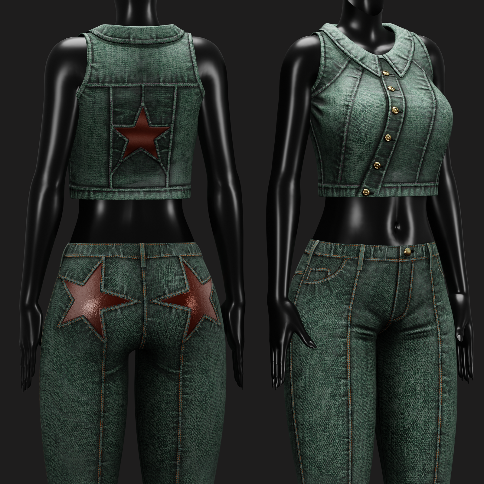 WOMEN'S COWGIRL SET VRChat - Denim Vest + Pants | WOLVES STUDIO