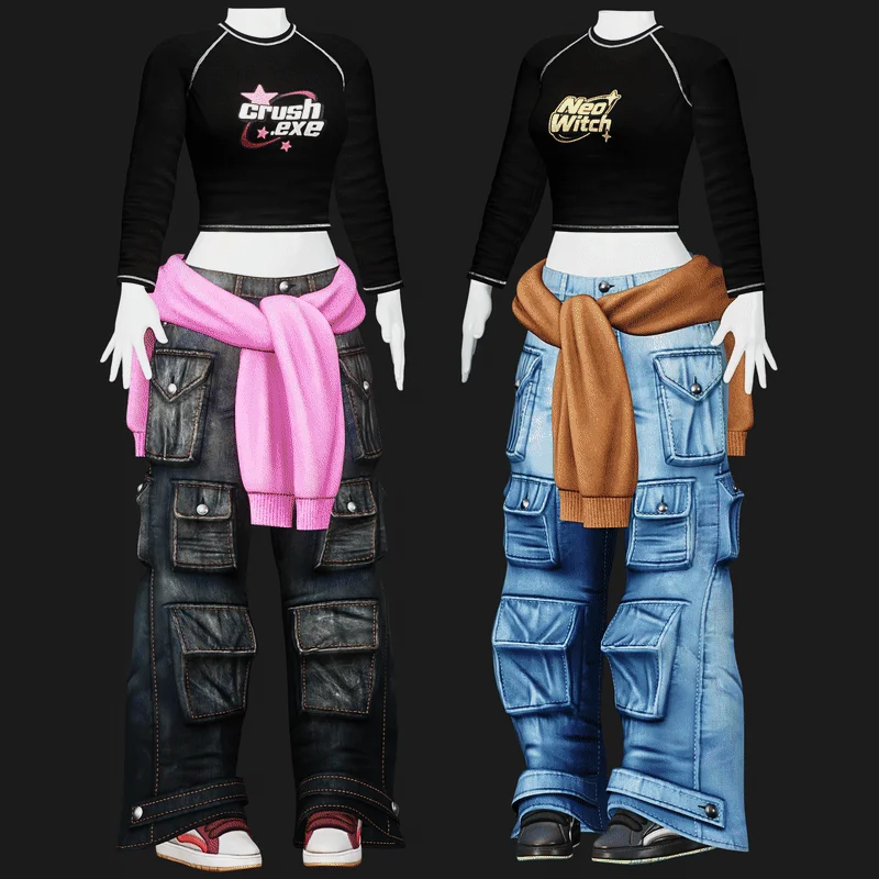 VRChat Skater Y2K Outfit: Cargo Pants, Shoes, T-Shirt, Tied Sweatshirt | WOLVES STUDIO