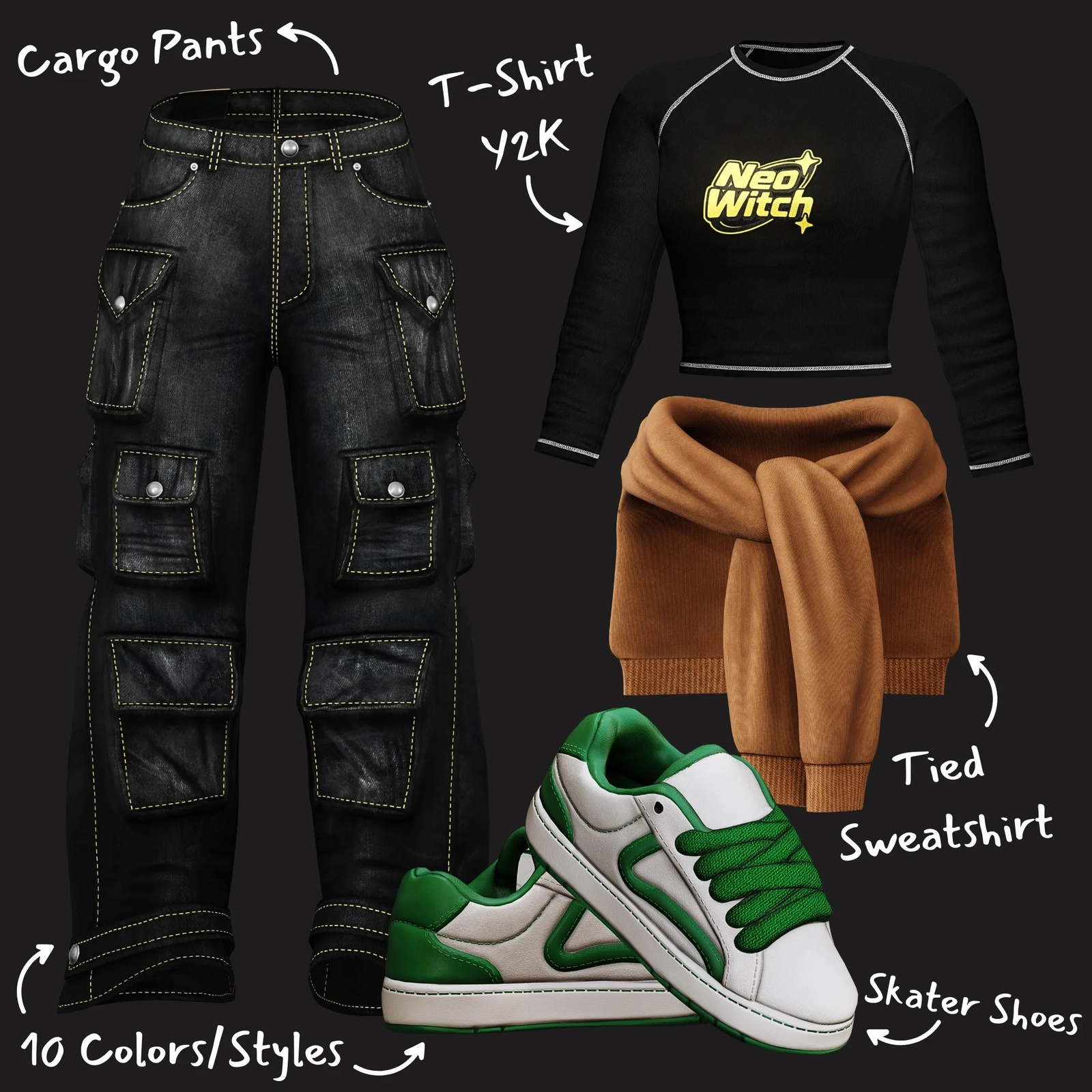 VRChat Skater Y2K Outfit: Cargo Pants, Shoes, T-Shirt, Tied Sweatshirt | WOLVES STUDIO