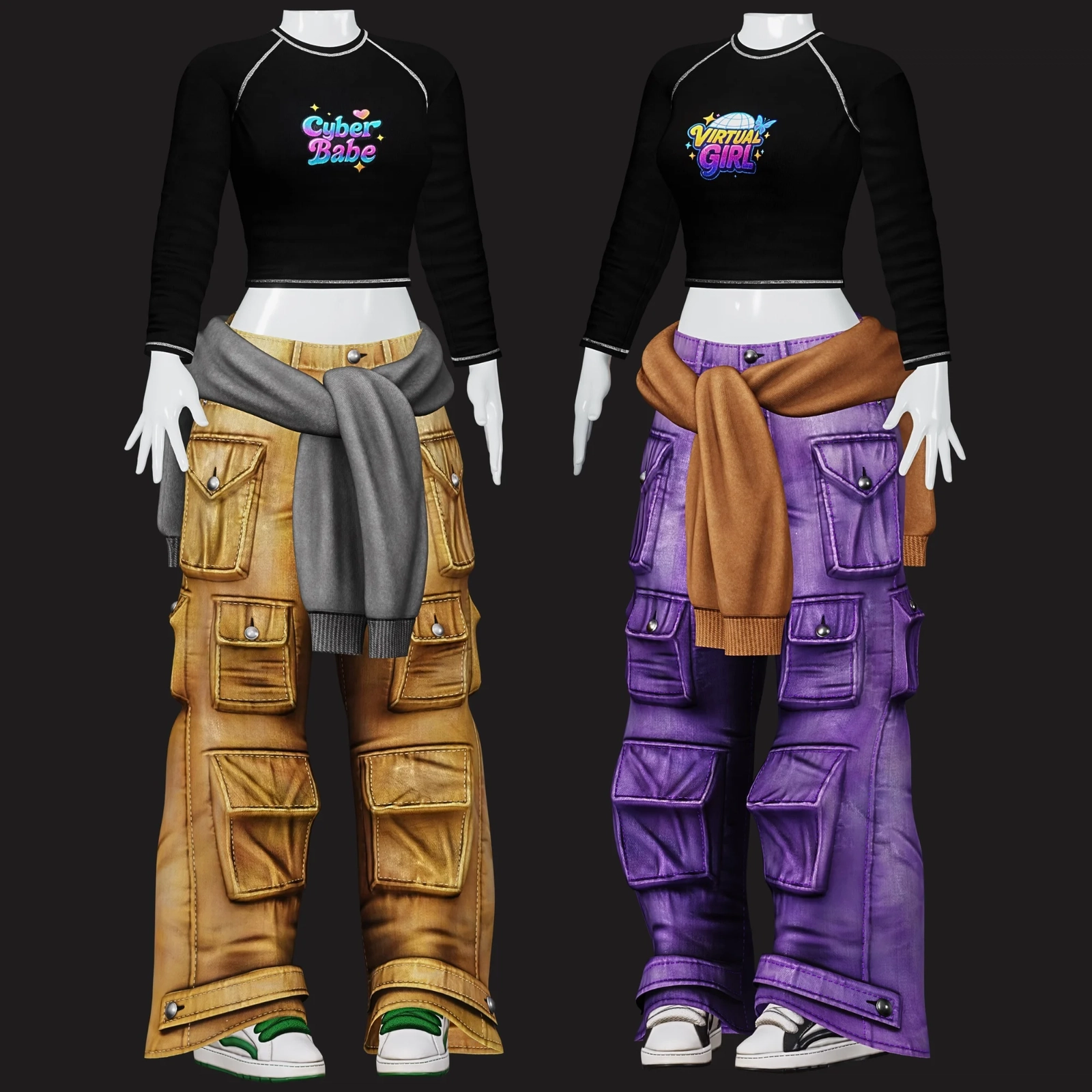 VRChat Skater Y2K Outfit: Cargo Pants, Shoes, T-Shirt, Tied Sweatshirt | WOLVES STUDIO