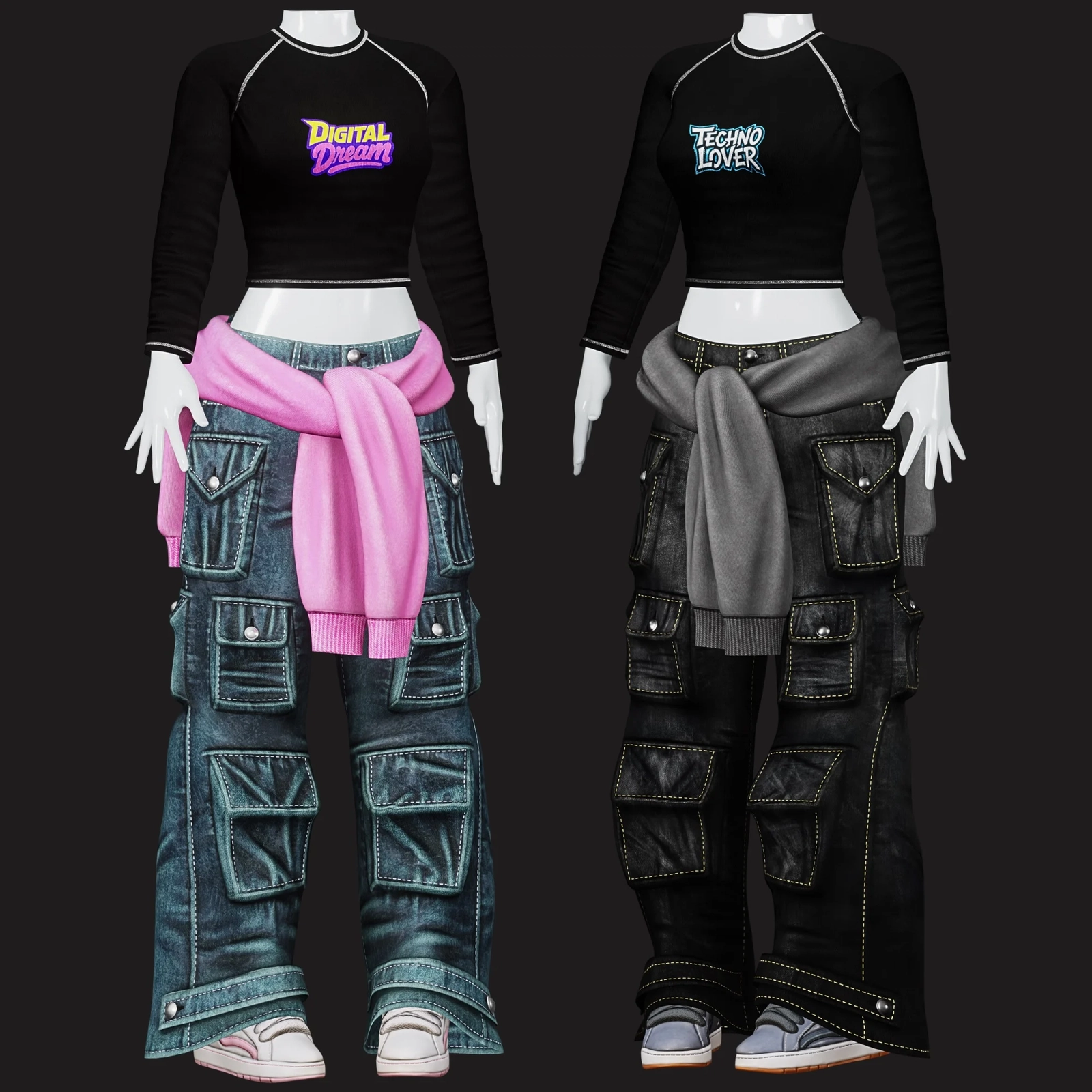 VRChat Skater Y2K Outfit: Cargo Pants, Shoes, T-Shirt, Tied Sweatshirt | WOLVES STUDIO