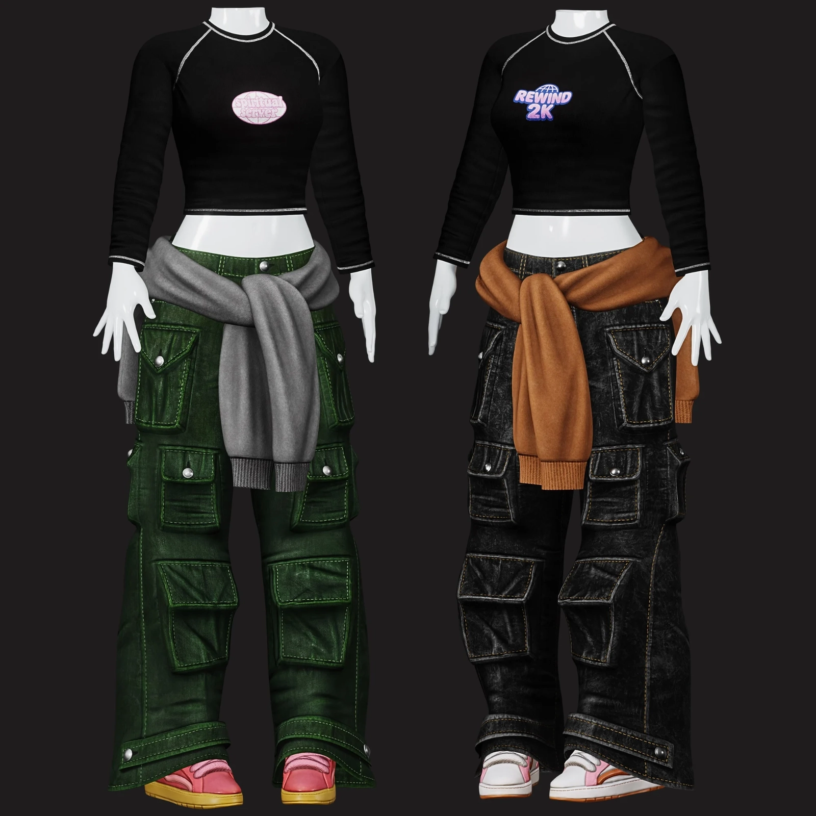 VRChat Skater Y2K Outfit: Cargo Pants, Shoes, T-Shirt, Tied Sweatshirt | WOLVES STUDIO