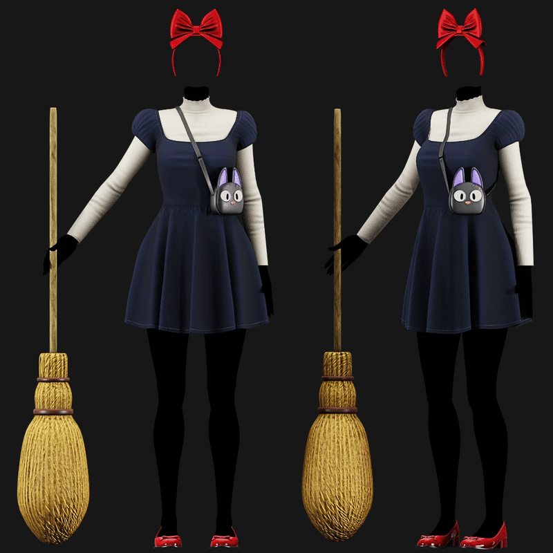 Cozy Witch Outfit Pack - Dress, Blouse, Broom, Bag, Shoes, Bow Headband