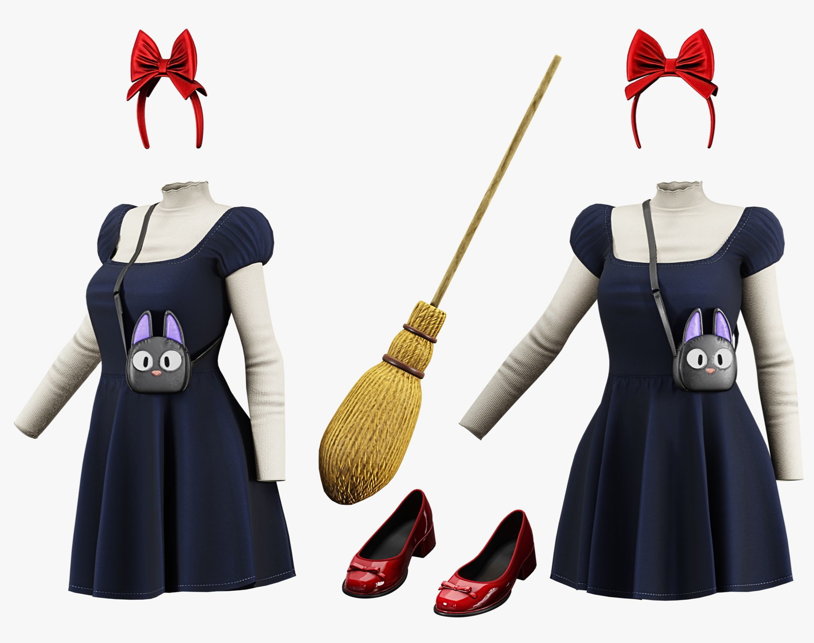 Cozy Witch Outfit Pack - Dress, Blouse, Broom, Bag, Shoes, Bow Headband