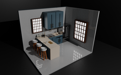 Kitchen Scene – Fully Furnished with Windows, Fridge & More