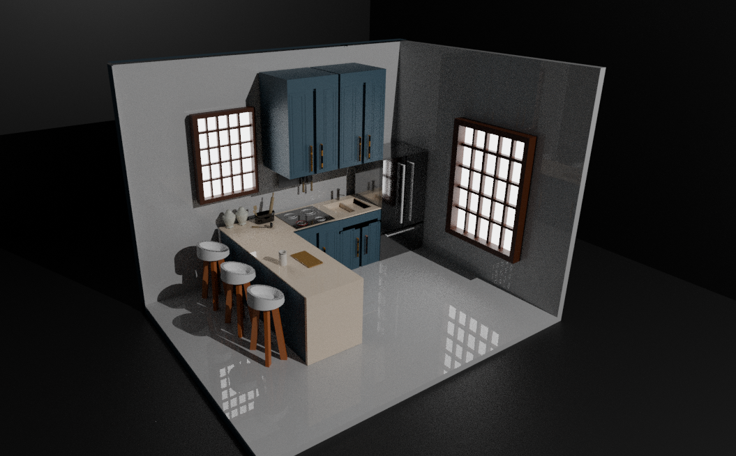 Kitchen Scene – Fully Furnished with Windows, Fridge & More