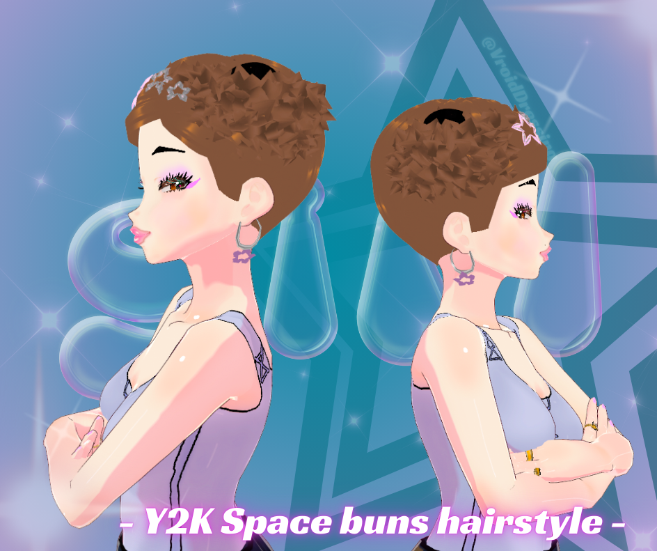 3D Vroid Y2K Space buns hairstyle with stars barrettes