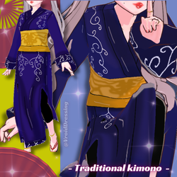 3D Vroid blue traditional kimono with patterns