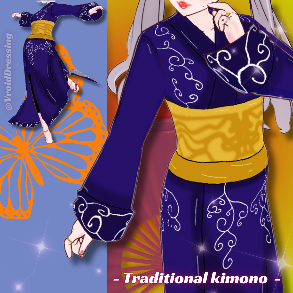 3D Vroid blue traditional kimono with patterns