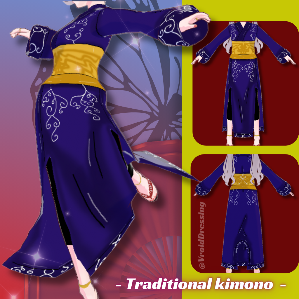3D Vroid blue traditional kimono with patterns