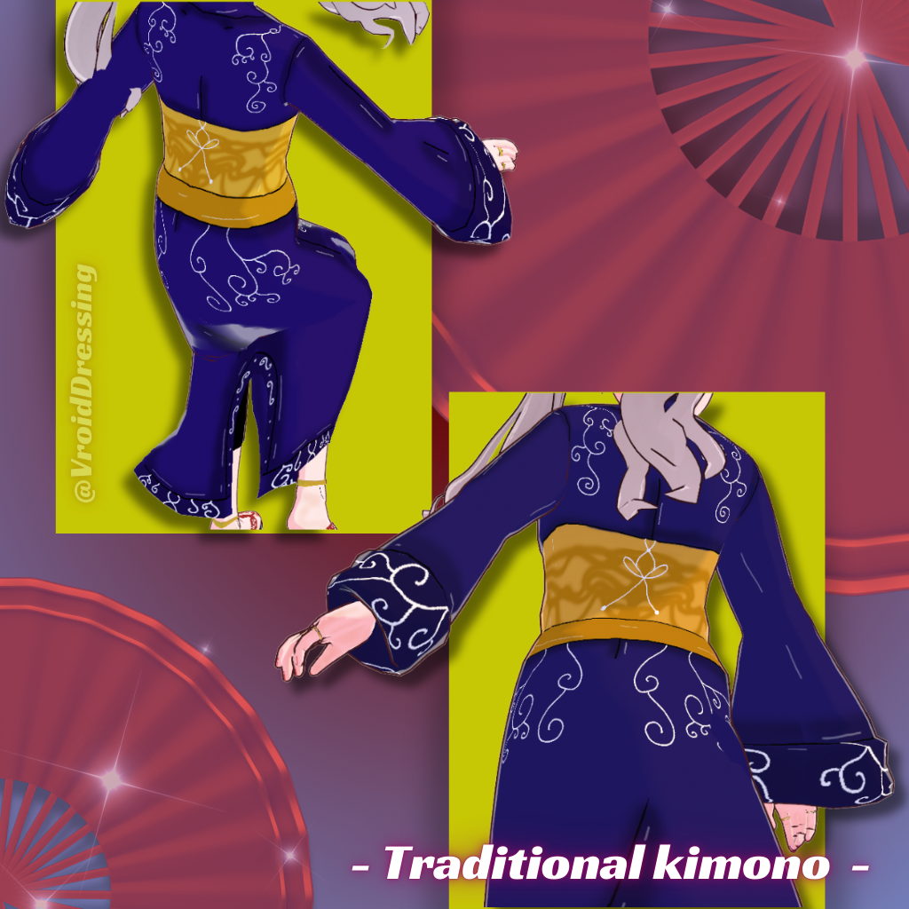 3D Vroid blue traditional kimono with patterns
