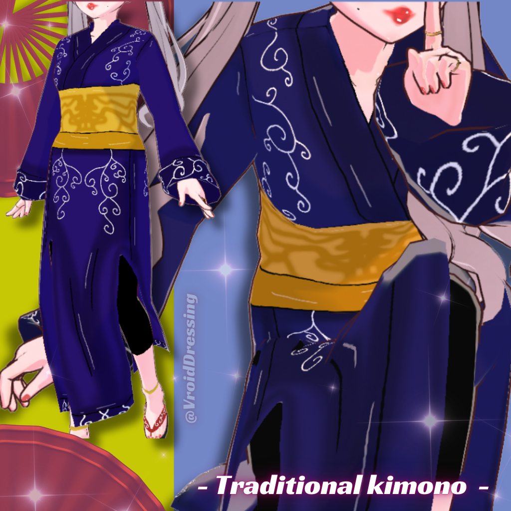 3D Vroid blue traditional kimono with patterns