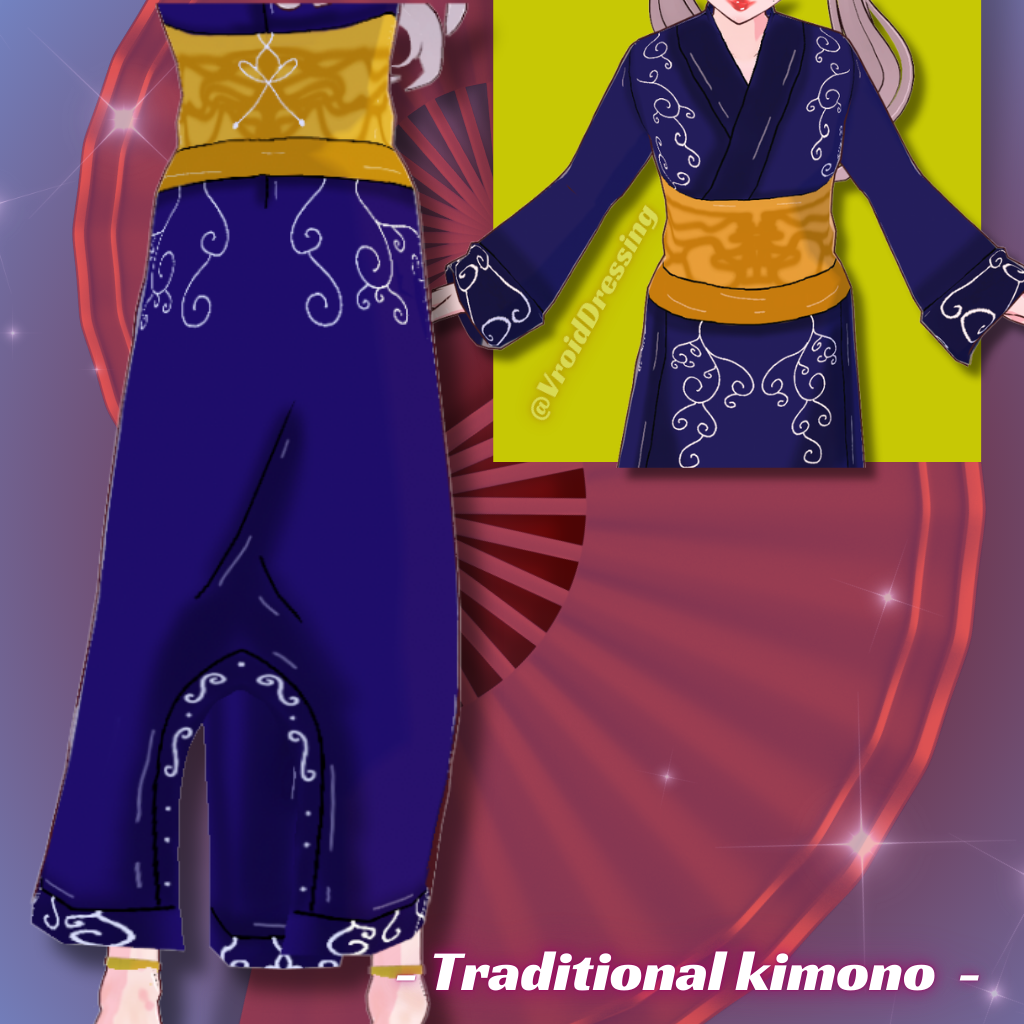 3D Vroid blue traditional kimono with patterns