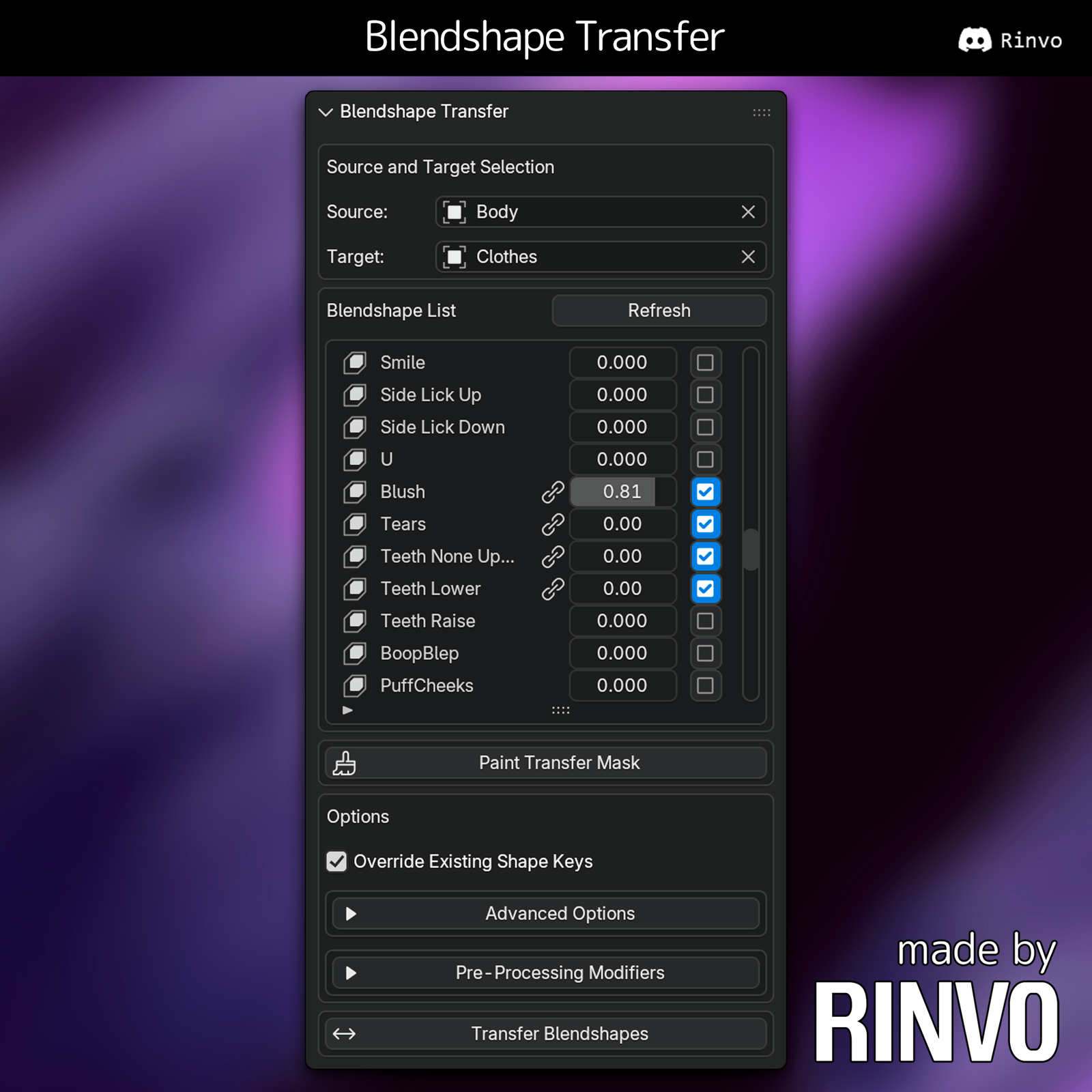 Rinvo's Blendshape Transfer (Blender Plugin)